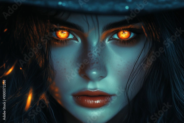 Obraz Portrait of a beautiful witch with a pumpkin, featuring a glamorous woman with dark makeup, captivating eyes, and stylish hair in a close-up Halloween-themed shot