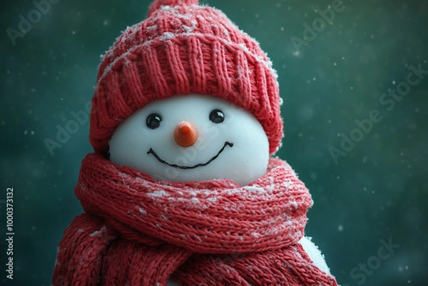 Obraz Snowman wearing a red cap and hat, surrounded by festive winter decorations for Christmas and the holiday season