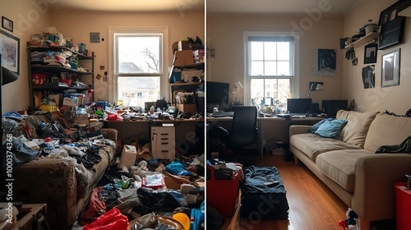 Obraz Person cleaning up messy home office living room showing difference before and after tidy up