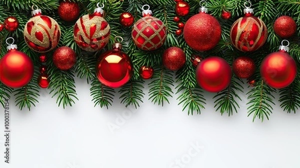 Obraz Elegant red Christmas ornaments with pine branches on a textured background