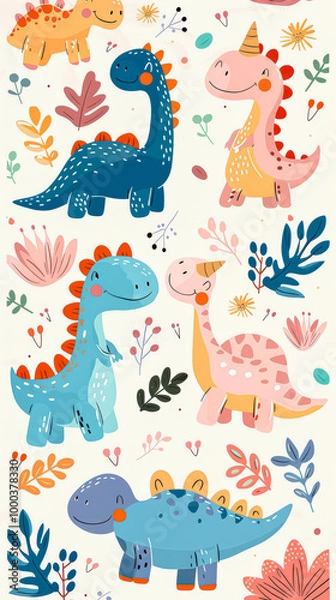 Fototapeta Colorful drawing of four dinosaurs, including a Stegosaurus, is on a white background. The dinosaurs are smiling and appear to be happy