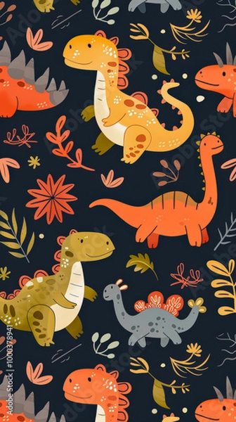 Fototapeta Colorful pattern of dinosaurs with leaves and flowers. The dinosaurs are drawn in a whimsical style and appear to be in a playful mood