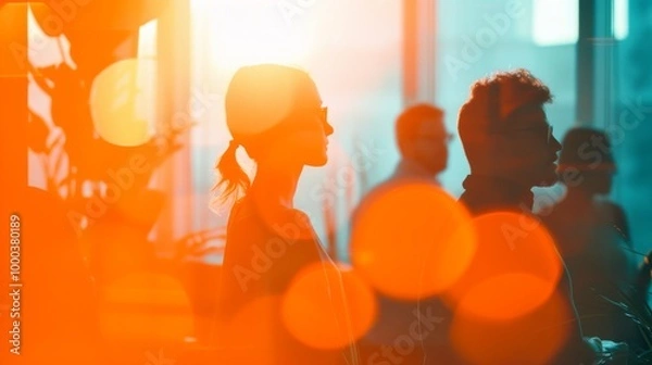 Obraz A creative and abstract image of people in silhouettes, bathed in vivid orange light at a business event. The bold lighting and abstract composition evoke a dynamic and modern atmosphere of innovation