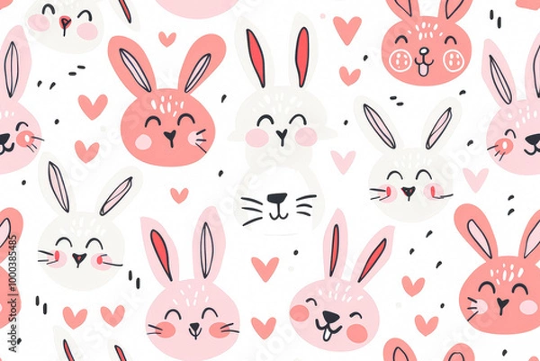 Fototapeta Bunch of rabbits with different colors and sizes. The rabbits are all smiling and looking at the camera