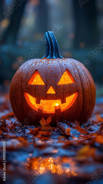 Obraz A glowing jack-o'-lantern sits on a bed of autumn leaves.