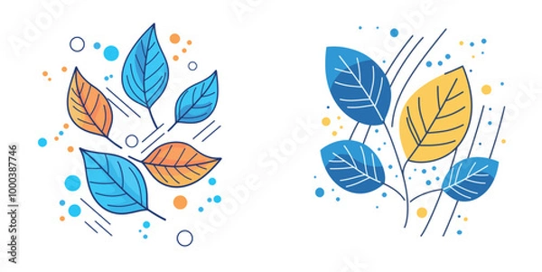 Obraz Colorful autumn leaves in a minimalist line art style with blue and yellow accents. 