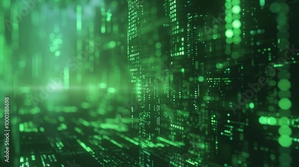 Obraz A futuristic digital background with glowing green data streams resembling the matrix. The abstract image conveys themes of technology, coding, and the digital universe.