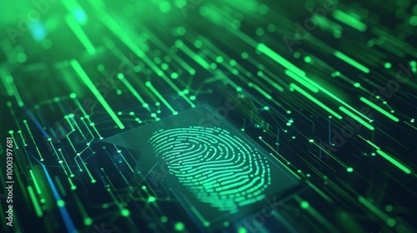 Fototapeta A digital fingerprint displayed on a futuristic green interface with intricate circuit patterns. This image illustrates cutting-edge technology, security, and data protection, ideal for topics on