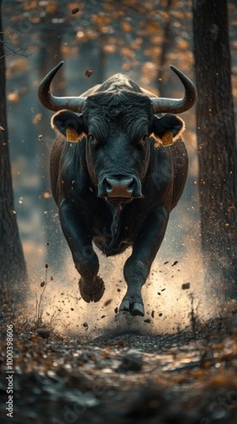 Obraz Powerful Bull Running Through Forest with Dust Clouds