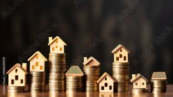 Fototapeta Mini house on stack of coins. Concept of property investment, income , tax, and passive income, Generative Ai