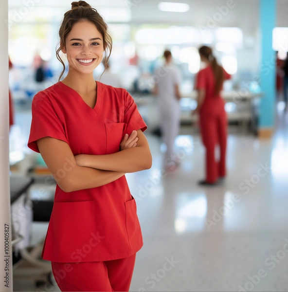 Obraz  Smiling with brown black nurse wearing red scrubs in a bright and inviting hospital environment with copyspace for marketing or ads