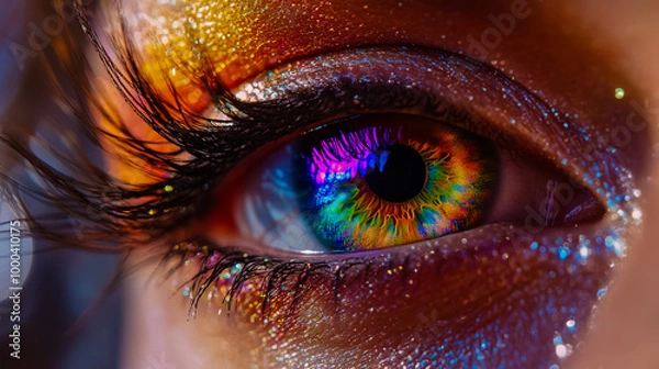 Fototapeta Macro close-up of a woman's eye with a rainbow-colored iris and long eyelashes.