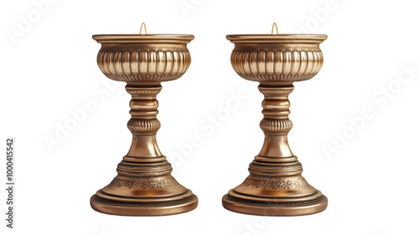 Fototapeta Two elegant candlesticks with gold trim set against a sleek black background, creating a striking visual contrast.