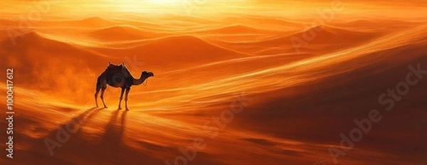 Fototapeta Camel in Sandstorm with Intense Golden Light and Desert Dunes