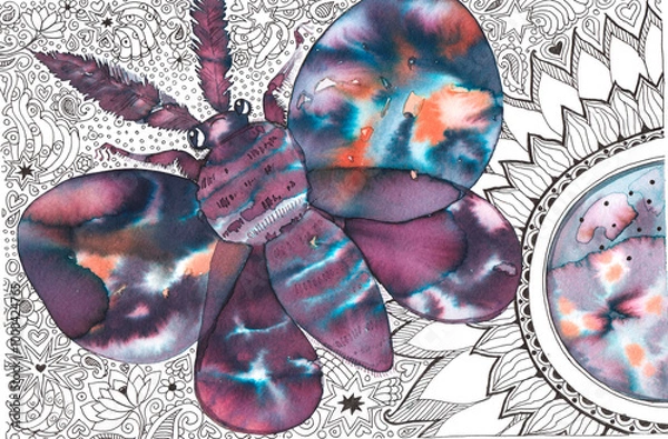 Fototapeta Night moth and sunflower drawn with multicolored ink on a background of small graphic patterns, hand drawing for graphic design.