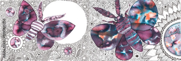 Fototapeta Night butterflies, moon and flowers drawn with multi-colored ink on a background of small graphic patterns, hand drawing for graphic design, for image on a mug.
