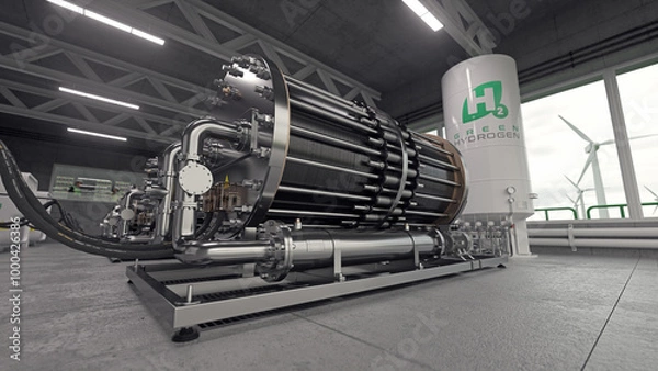 Obraz Close-up of CFE electrolyzer inside green hydrogen plant. Realistic 3D render.