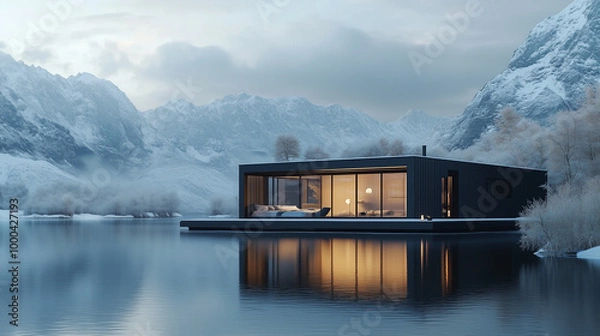 Obraz Modern house on lake and with mountains background. 