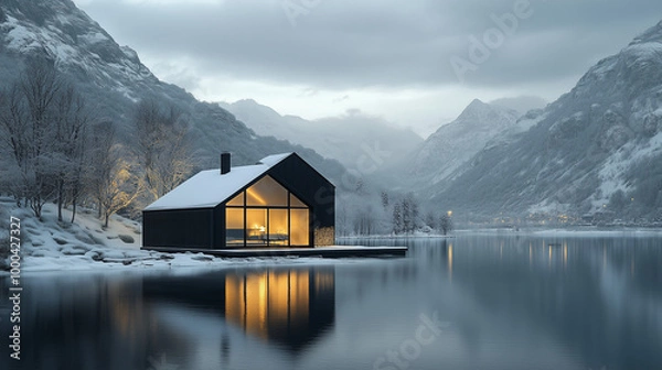 Obraz Modern house on lake and with mountains background. 