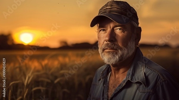 Fototapeta Portrait of a 60 year old farmer in a wheat field at sunset