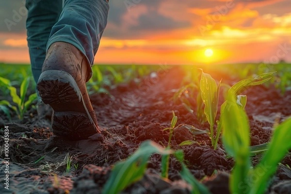 Fototapeta Young farmer walking in a corn field with boots