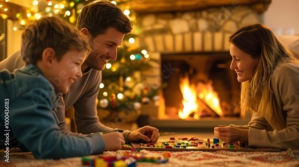 Obraz A cozy family moment with parents and their child enjoying a board game by the fireplace, surrounded by festive Christmas decorations and warm lighting. The atmosphere is relaxed and joyful.