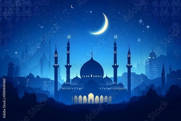 Obraz Illustration of a Mosque at night under crescent moon and stars