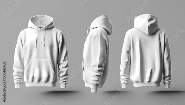 Fototapeta 3D realistic white hoodie, front view, side, and back views on a grey background for mockup design