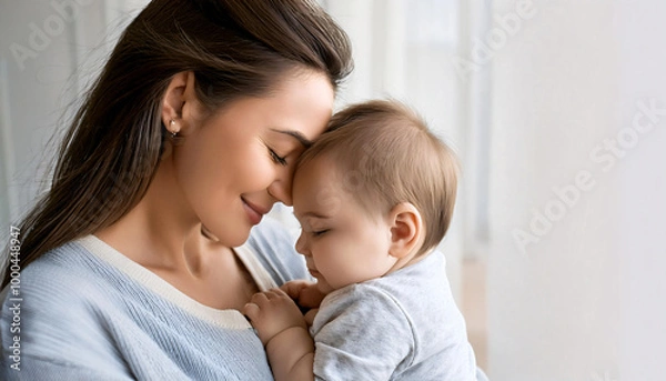 Obraz A gentle, intimate headshot of the mother and baby
