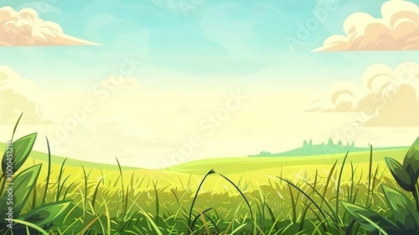 Fototapeta Adorable Cartoon Grassland Background: A Charming and Whimsical Scene. Delight in the Colorful and Fun Atmosphere