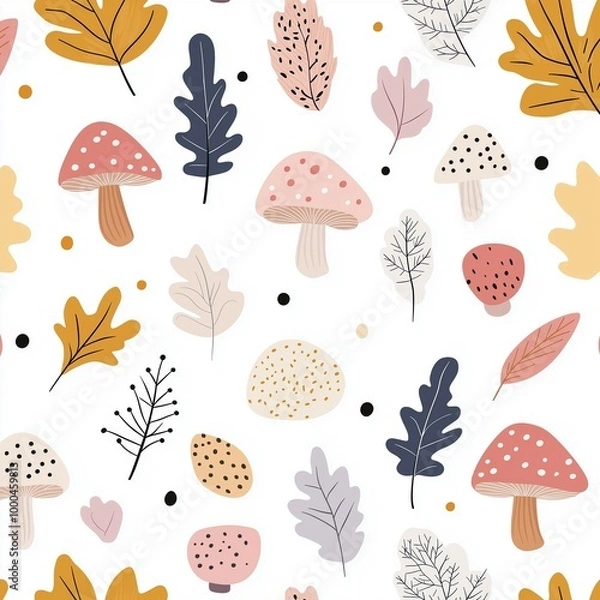 Fototapeta Various mushrooms and autumn leaves in different colors and styles, set against a white backdrop. Autumn season background.	