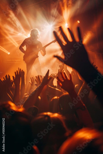 Obraz Silhouette of hard rock guitarist performing with energy, crowd, and passion at a live concert