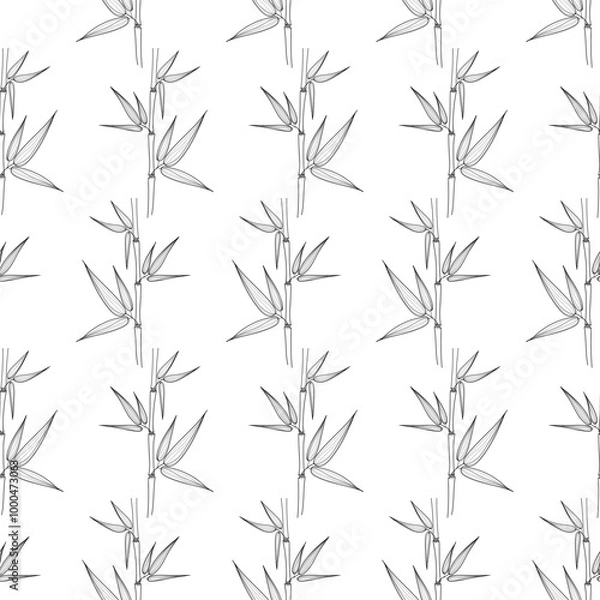 Fototapeta Seamless pattern of bamboo leaves, black on white background. Botanical hand drawn illustration