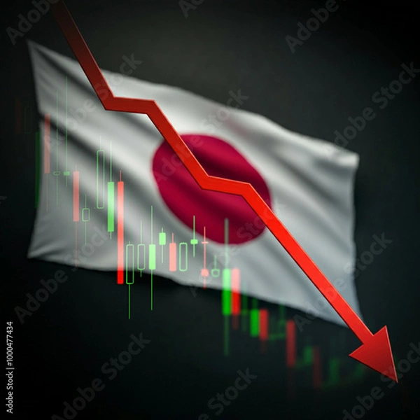 Obraz Downward arrow chart crashing, with the words Market Crash and Japanese flag displayed in red behind it. Illustrating economic downturns, financial crisis, or stock market failures