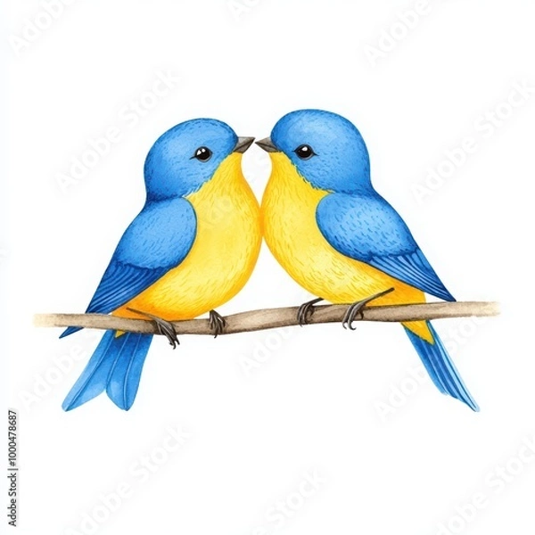 Fototapeta Two colorful birds perched closely, showcasing vibrant blue and yellow feathers.