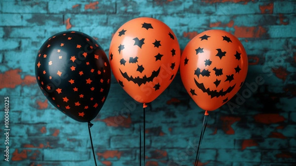 Obraz Three Halloween balloons, black and orange with star and jack-o-lantern designs, against a brick wall.