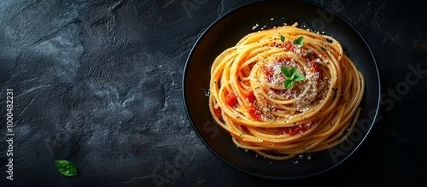 Fototapeta A delectable plate of spaghetti with marinara sauce, garnished with fresh basil on a dark background.