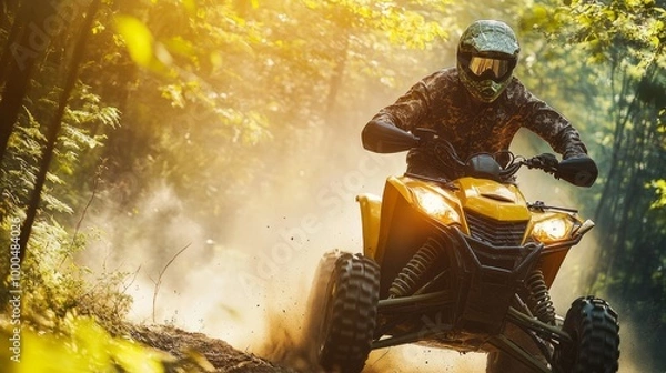 Fototapeta Adventurous ATV Rider in Forest