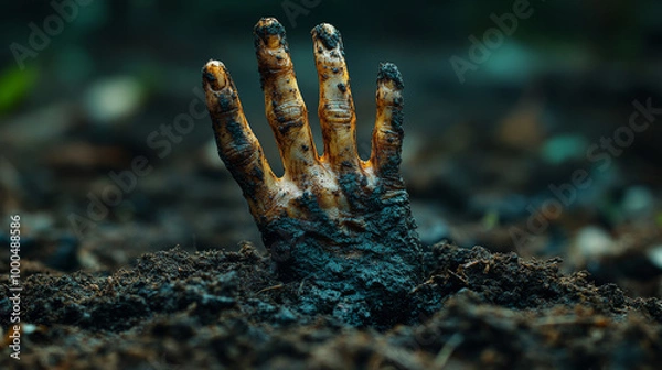 Fototapeta A hand reaches out of the dark, muddy soil.