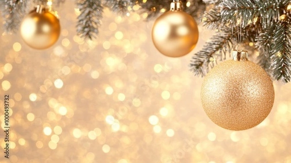 Fototapeta Golden Christmas ornament hanging from a frosted pine branch. Warm lights in the background create a soft bokeh effect