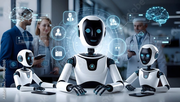 Fototapeta Futuristic AI Chatbots Collaborating with Humans in a High-Tech Medical and Business Environment