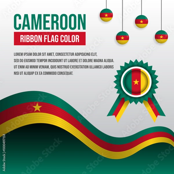 Fototapeta Cameroon ribbon flag with Flag badge and decoration