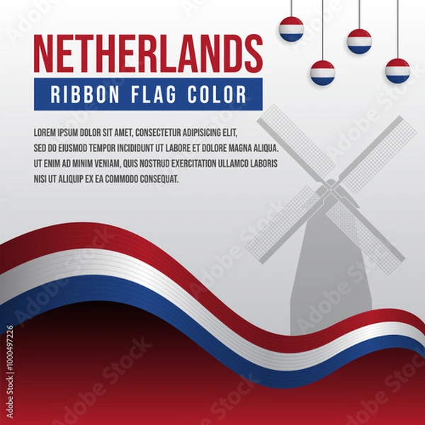 Fototapeta Netherlands ribbon flag with Traditional Windmill silhouette and decoration