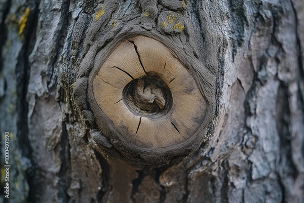 Fototapeta Woodland Blemish: A Detailed View of a Tree Trunk with a Large, Intriguing Knot in its Bark