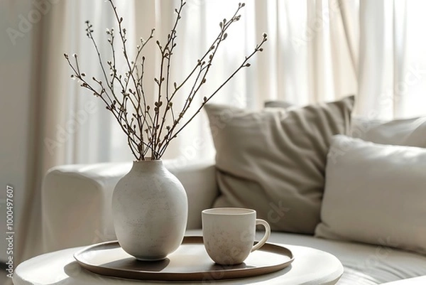 Fototapeta Cup of coffee and vase with branches on table in living room