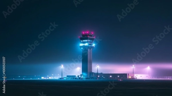 Fototapeta Nighttime Airport Control Tower