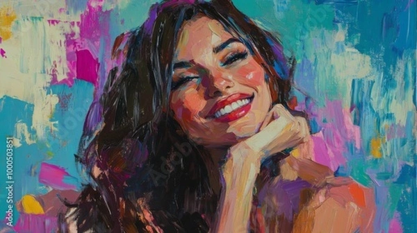 Obraz A joyful woman painted in vibrant colors, capturing an expressive and lively mood, surrounded by an abstract backdrop of blues and pinks in modern style.