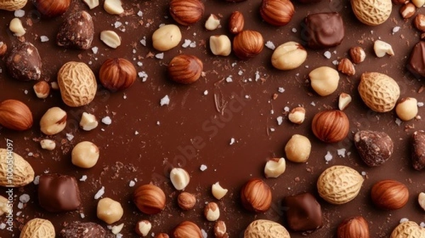 Obraz This image features a variety of nuts and chocolates scattered on a chocolate-covered surface, creating a visually appealing and textured pattern with a rich, earthy color palette.