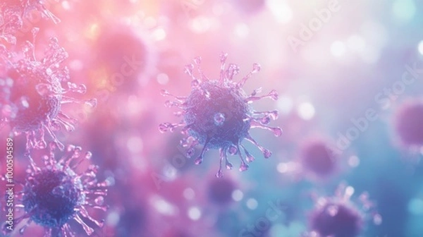 Fototapeta The image displays a highly detailed microscopic view of various virus particles, showcasing their spiky surface structures with a vibrant and colorful background evoking a sense of urgency.