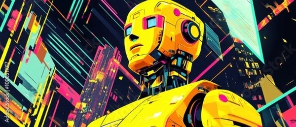Fototapeta Futuristic Robot in Vibrant Digital Environment